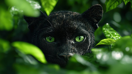 Curious black cat peeking through lush green foliageの素材