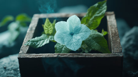 Delicate blue hydrangea flower in wooden planterの素材