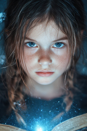 young girl with magical bookの素材