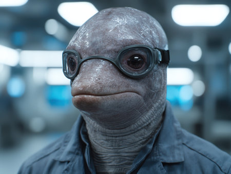 Close-up of a curious sea creature wearing glassesの素材