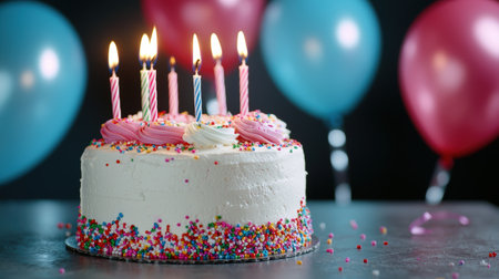 Colorful birthday cake with lit candlesの素材