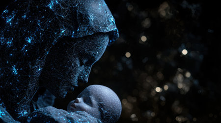 futuristic digital human face with glowing network connectionsの素材