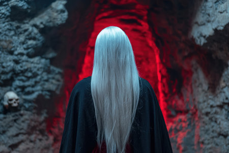 Mysterious figure in dark cloak with long white hairの素材