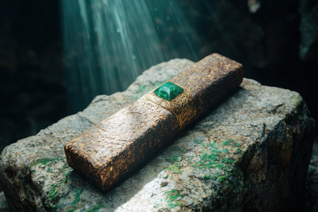 Ornate golden ring with emerald gemstone on rocky surface under waterfallの素材