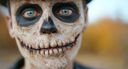 close-up of a spooky halloween makeup faceの素材