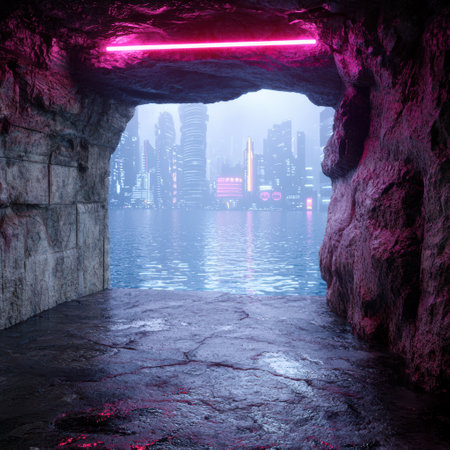 Futuristic city skyline viewed from a dark caveの素材