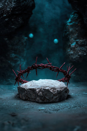 Thorny crown on dark rocky platformの素材