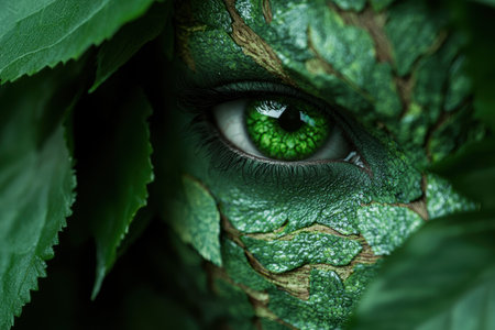 Closeup of a mysterious green eye in the forestの素材