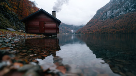 Cozy cabin by serene mountain lake in autumnの素材
