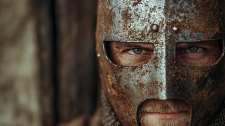 Close-up of a weathered face with intense eyesの素材