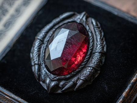 Ornate silver ring with large red gemstoneの素材