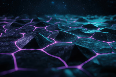 Glowing Hexagonal Landscape Under Starry Skyの素材