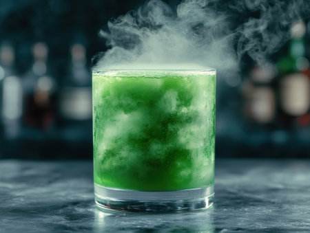 Smoking green cocktail in glassの素材