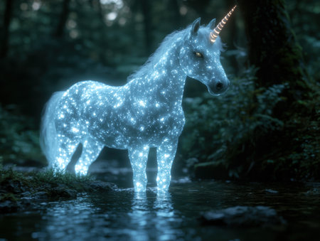 Magical glowing unicorn in enchanted forestの素材