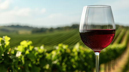 glass of red wine in vineyard landscapeの素材