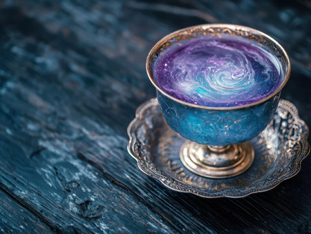 Vibrant galaxy cocktail on ornate silver platterの素材