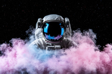 astronaut in space suit surrounded by pink and blue smokeの素材