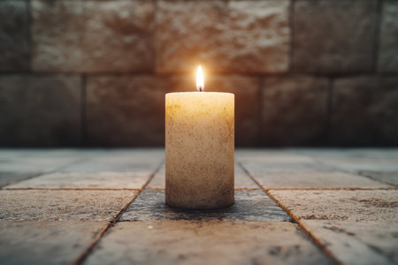 Warm glow of a lit candle on a rustic wooden surfaceの素材