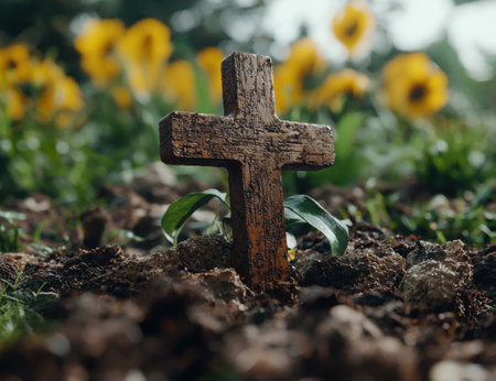 Wooden cross in a field of yellow flowersの素材