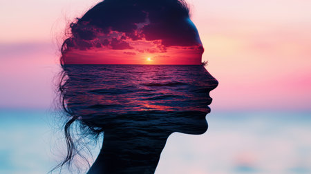 silhouette of a person against a vibrant sunset over the oceanの素材