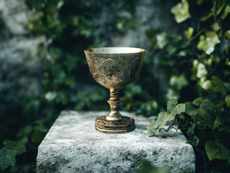 Antique gold chalice in lush green gardenの素材