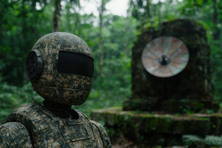 Camouflaged soldier in forest with mysterious objectの素材