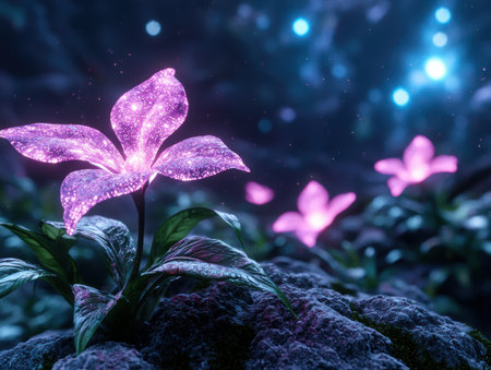 Glowing purple flower in magical forestの素材