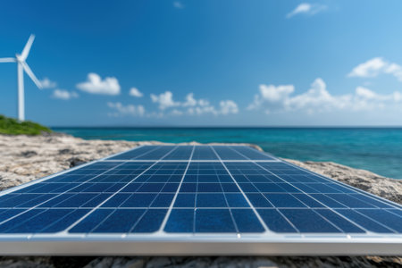 Renewable energy solar panels on the beachの素材