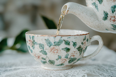 Pouring tea from a vintage floral teapotの素材