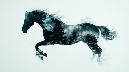 Majestic horse silhouette in stormy landscapeの素材