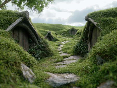 Enchanting hobbit-style houses in a lush green landscapeの素材