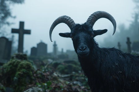 Mysterious goat with horns in a dark and eerie graveyardの素材
