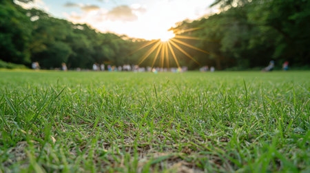 Lush green grass field with sunburst in the distanceの素材