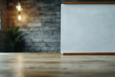 Minimalist wooden frame on table with brick wall backgroundの素材