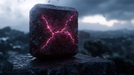 Glowing Volcanic Rock in Stormy Landscapeの素材