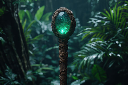 Glowing crystal in lush jungleの素材