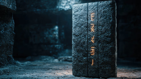 Mysterious rune stone in dark forestの素材