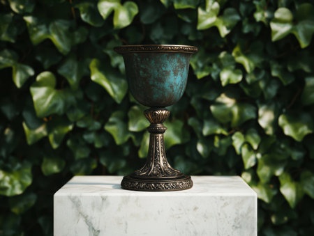 antique bronze trophy cup on marble pedestalの素材