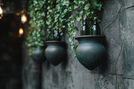 Hanging planters and bottles in a lush, green environmentの素材