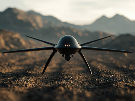 Futuristic drone flying over rugged mountain landscapeの素材