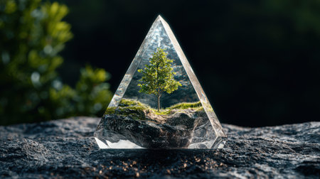 Miniature tree in glass pyramid on rocky surfaceの素材