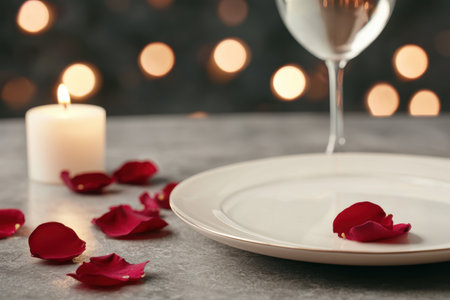 romantic dinner setting with candle, wine glass, and rose petalsの素材