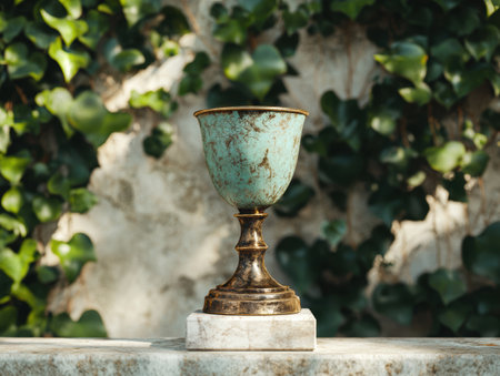 Vintage ornate trophy cup on marble pedestalの素材