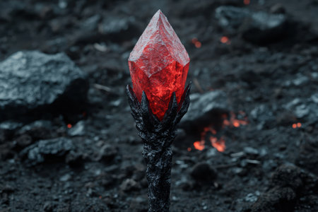 Glowing red crystal emerging from dark rockの素材