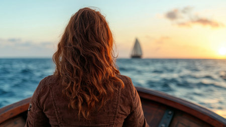 woman with long curly hair on boat at sunsetの素材