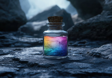 Colorful potion in glass bottle on rocky landscapeの素材