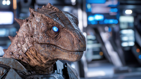 Realistic dinosaur head with glowing blue eyesの素材