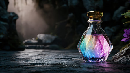 Colorful glass perfume bottle on dark backgroundの素材
