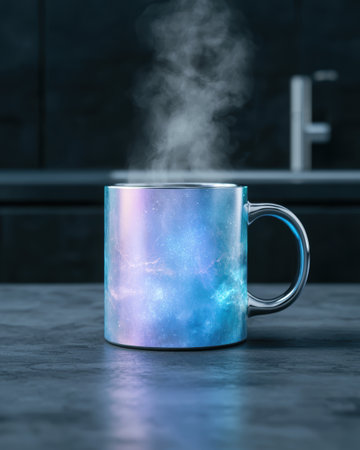 Colorful steam rising from a mug on a dark backgroundの素材