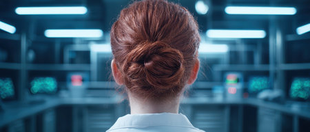 woman with updo hairstyle in office environmentの素材